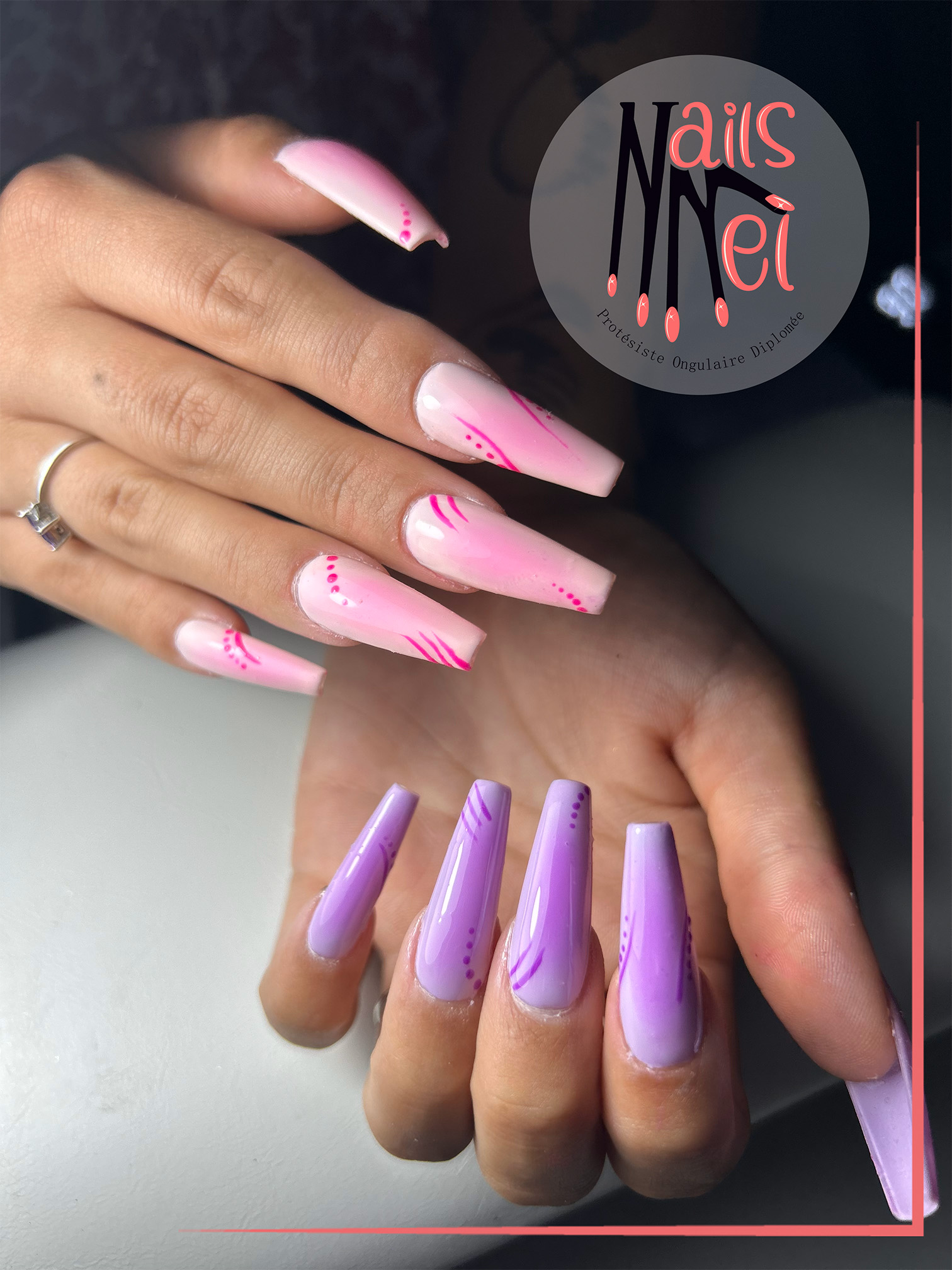 pose américaine réalisée à Hénin-Beaumont par Mélanie, prothésiste ongulaire, rose et mauve